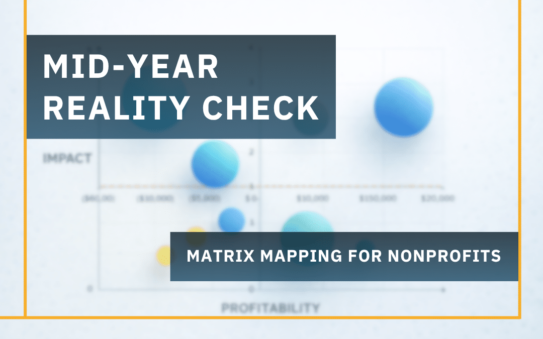 Text overlay reading ‘Mid-Year Reality Check: Matrix Mapping for Nonprofits’ over a matrix map chart plotting nonprofit programsbased on mission impact and financial profitability