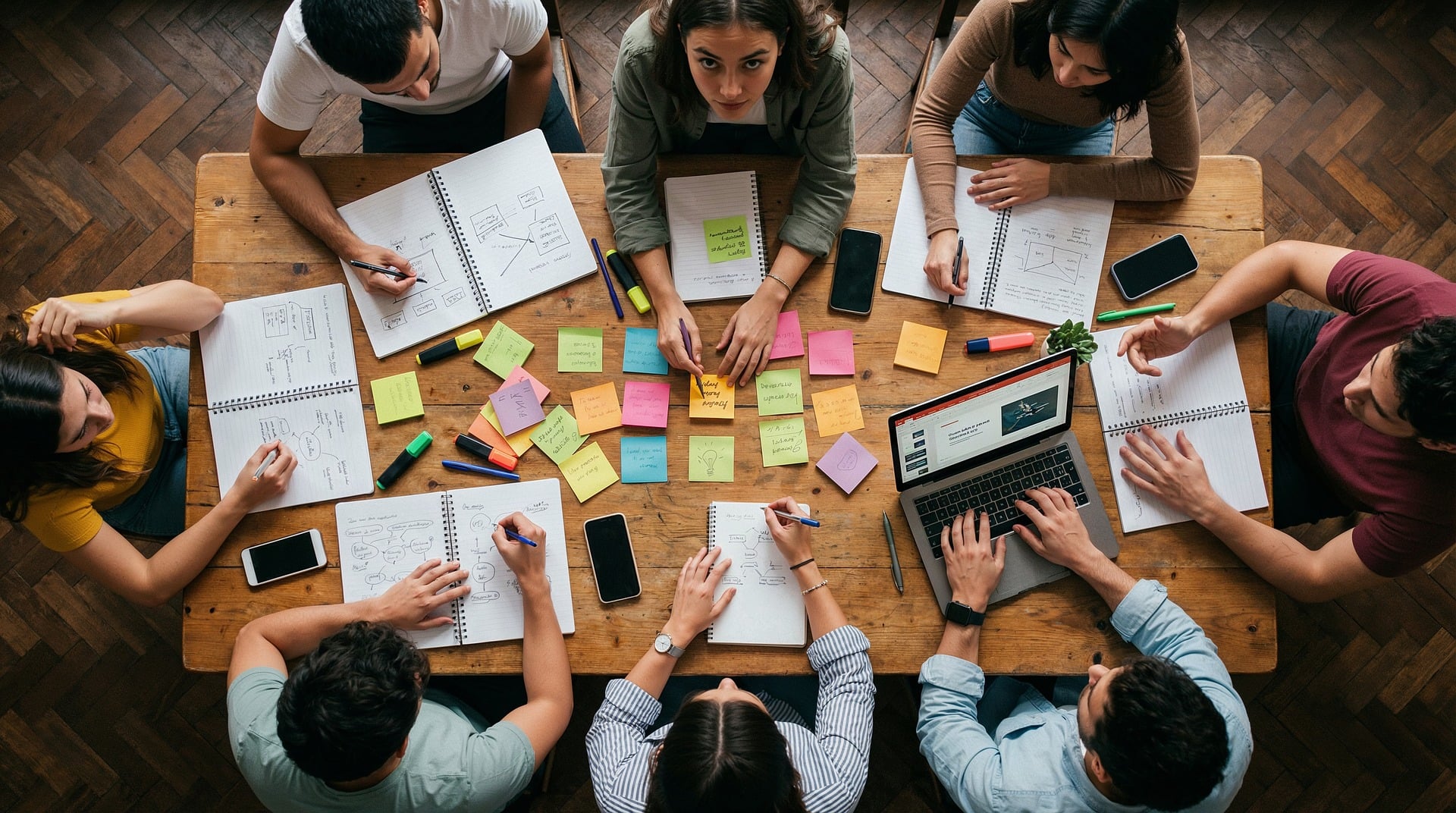 An overhead view of a diverse nonprofit board collaborating on strategy using sticky notes on a wooden table.