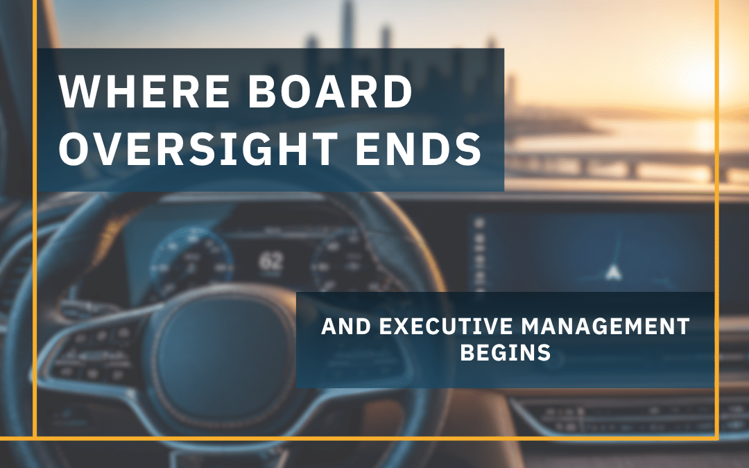 A sleek, modern steering wheel in focus with a blurred road and city skyline ahead at sunset, representing the concept that executive directors drive the organization while the board sets the destination.