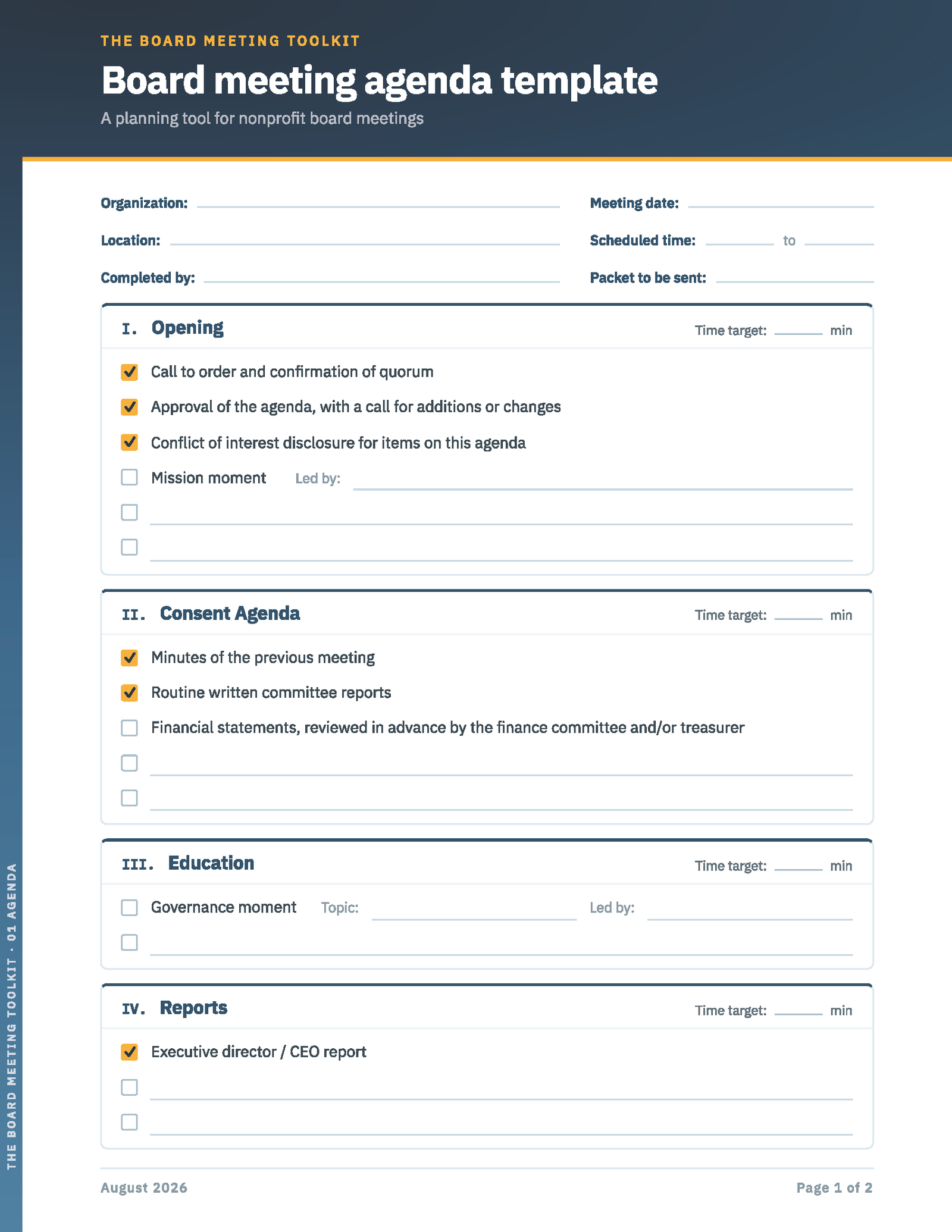 Sample nonprofit board meeting agenda template - opening, consent agenda, education, and reports sections with time targets