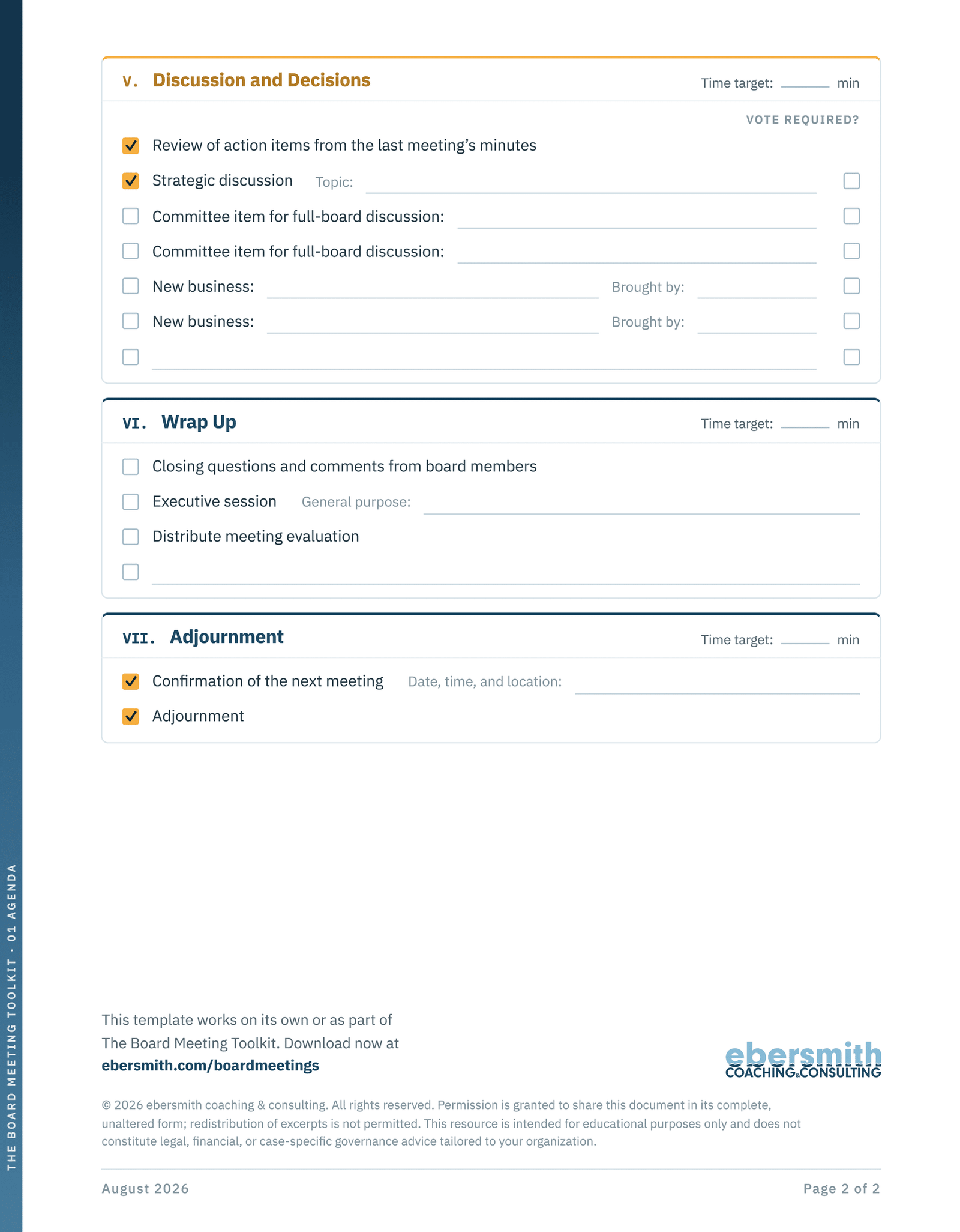 Sample nonprofit board meeting agenda template - dedicated strategic discussion time, review of action items, wrap up including meeting evaluation, and adjournment